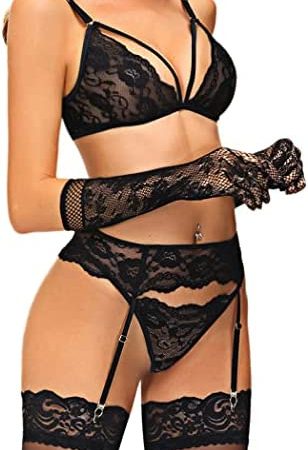 Women Sexy Lingerie Garter Belt Set with Stockings and Gloves, Bra and Panty Set for Women Sexy Nightwear