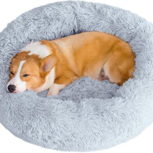 WEASHUME Calming Dog Cat Bed 50/70/85/100 Plush Donut for Large Medium Small Dog Cat Calming Anxiety Relief Fluffy Soft Cuddler Round Pet Nest Orthopedic Relief Anti-Slip Light Grey 85cm