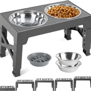 FOSTBEEN Elevated Dog Bowls, 5 Height Adjustable Stand, Raised dog bowl with Slow Feeder Bowl & Double Bowls Stainless Steel 1200ML, for Water and Food Feeder for Small Medium Large Dogs, Gray