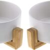 EMSea 2Pcs Ceramic Cat Dog Bowl, with Bamboo Elevated Stand for Puppy Kitten Pet Raised Feeder Gift Dishwasher-safe White