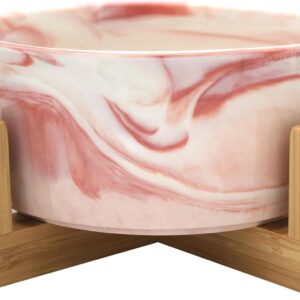 Ceramic Bowl with Bamboo Stand for Dogs & Cats, Raised Bowl for a Comfortable Position Whilst Eating & Drinking, Available in Mutliple Colour Options, 850ml Capacity (Marble Pink)