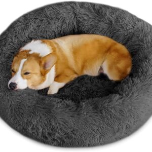 Timormode Calming Dog Beds for Small Medium Large Dogs, Washable Donut Dog Bed Cuddler with Soft Fluffy Cushion, Round Plush Cats Dogs Pet Bed Dark Grey L (80cm)