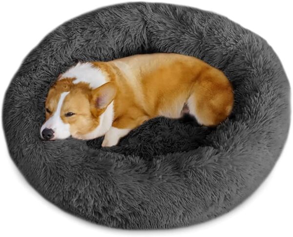 Timormode Calming Dog Beds for Small Medium Large Dogs, Washable Donut Dog Bed Cuddler with Soft Fluffy Cushion, Round Plush Cats Dogs Pet Bed Dark Grey L (80cm)