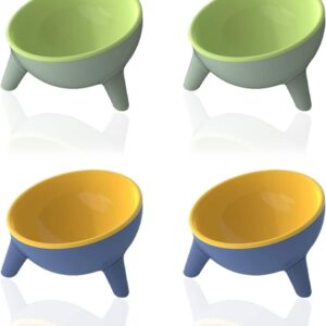 Cat Bowls Tilted Raised,Cat Feeding Bowls Elevated Cat Food Water Bowl Kittens Dishes 15° Inclined Angle Cat Feeder,4PCS(Yellow+Green)