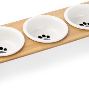 Navaris Ceramic Cat Bowls with Stand - Raised Food and Water Bowl Set for Cats on Elevated Wooden Riser - Eco-Friendly Cat and Paw Design - 3 Bowls