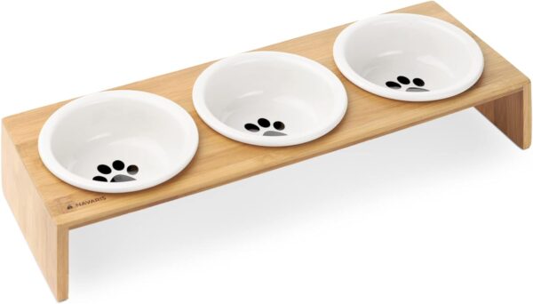 Navaris Ceramic Cat Bowls with Stand - Raised Food and Water Bowl Set for Cats on Elevated Wooden Riser - Eco-Friendly Cat and Paw Design - 3 Bowls