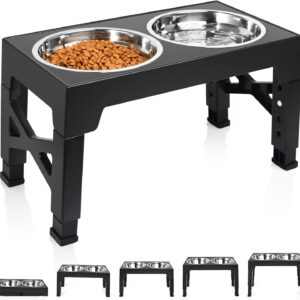 Elevated Dog Bowls, Raised Dog Bowl with Adjustable Stand, Double Dog Food and Water Bowl for Small Medium Large Dogs or Cat, 5 Heights 3.15”, 8.66”, 9.84”,11.02”,12.2” (Black)