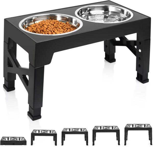 Elevated Dog Bowls, Raised Dog Bowl with Adjustable Stand, Double Dog Food and Water Bowl for Small Medium Large Dogs or Cat, 5 Heights 3.15”, 8.66”, 9.84”,11.02”,12.2” (Black)