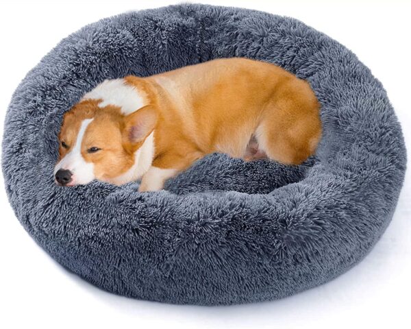 WEASHUME Calming Dog Cat Bed 50/70/85/100 Plush Donut for Large Medium Small Dog Cat Calming Anxiety Relief Fluffy Soft Cuddler Round Pet Nest Orthopedic Relief Anti-Slip Dark Grey 85cm