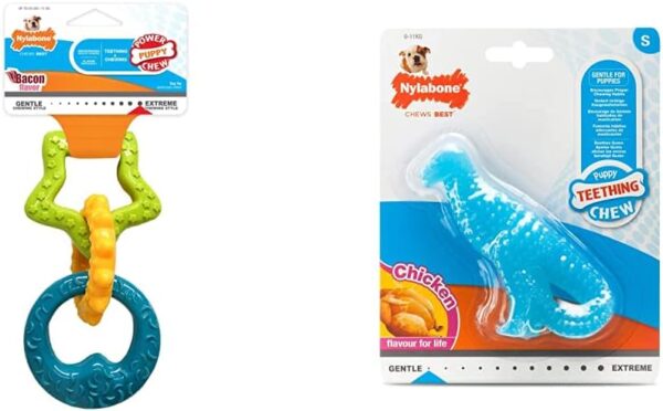 Nylabone Gentle Puppy Dog Teething Chew Toy Rings, Bacon Flavour, Small, for Puppies Up to 11 kg & Gentle Puppy Dog Teething Dental Dino Chew Toy, Chicken Flavour, Small, for Puppies Up to 11 kg