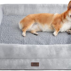 WESTERN HOME Dog Beds Large&Medium Washable, Orthopedic Scruffs Dog Bed With Bolster with Removal Cover and Non-skid Bottom,Grey, 71x58x17.5cm