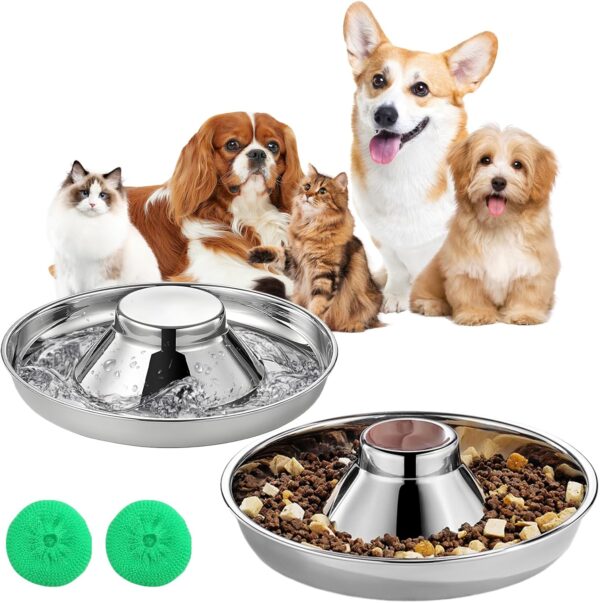 2 Pack Stainless Steel Bowls for Puppy and Cat, 26CM Pet Slow Feeder Food Bowls, Non-Skid Cat Bowls for Food Water for Small Medium Large Dogs, Cat, Pets (Silver)