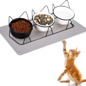 3 Cat Bowls with Stand, Raised and Tilted Cat Food Bowl Ceramic 15°Tilted Elevated Cat Dish with Pet Bowl Mat Kitten Food Dishes Feeding Station Anti Vomiting Cat Feeder for Puppy Dog(Black)