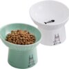 6.5 Inch Extra Wide Ceramic Raised Cat Bowls, Upgraded Enlarged Porcelain Tilted Elevated Cat Food Water Bowl Dish, Stress Free Pet Feeder Bowls Dishes for Elder Big Cats & Small Dogs, White & Green