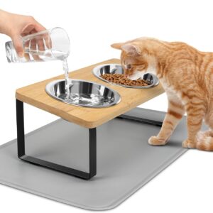 ACEONE Elevated Cat Bowls with Non Slip Mat, 15° Tilted Raised Anti Vomit Cat Feeder for Food and Water, Pet Feeding Station with 2 Stainless Steel Bowls