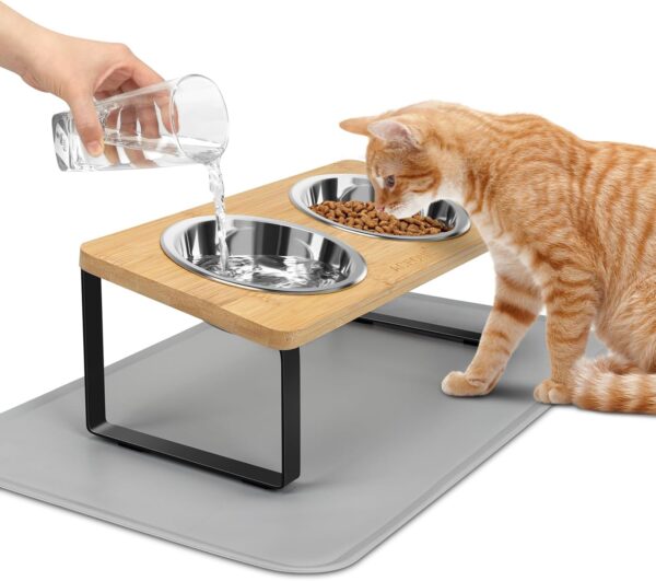 ACEONE Elevated Cat Bowls with Non Slip Mat, 15° Tilted Raised Anti Vomit Cat Feeder for Food and Water, Pet Feeding Station with 2 Stainless Steel Bowls