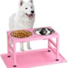ADENGL Pink Elevated Dog Bowls for Medium & Large Dogs with Sprill Proof Mat, Raised Dog Bowl Stand with Dog Food & Water Bowls, 10.3 in Tall Dog Feeder (42OZ-Stainless Steel Dog Bowls, Mat-16x24 in)