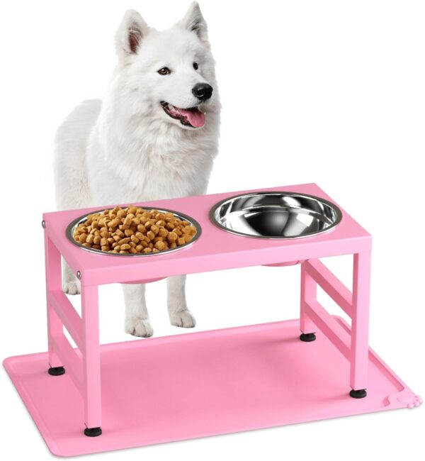 ADENGL Pink Elevated Dog Bowls for Medium & Large Dogs with Sprill Proof Mat, Raised Dog Bowl Stand with Dog Food & Water Bowls, 10.3 in Tall Dog Feeder (42OZ-Stainless Steel Dog Bowls, Mat-16x24 in)