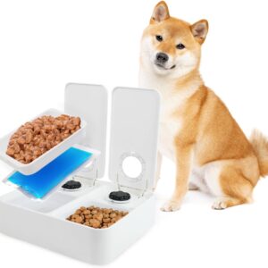 ALL FOR PAWS Automatic Cat Feeder 2 Meal Dog Feeder, Dry and Wet Food Dispenser with 48-Hour Timer, Ice Pack Included, Dishwasher Safe, White