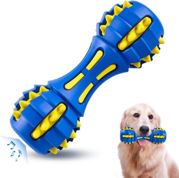 AUSCAT Dog Chew Toys, Dog Toy for Aggressive Chewers, Dumbbell Shape Rubber Chew Toys with Squeaker, Interactive Dental Toys for Large Medium Dogs Training and Cleaning Teeth, Blue