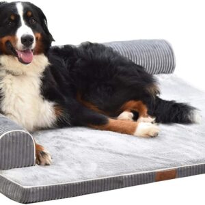 AcornPets B-1223 Extra Large Deluxe Grey 5 CM Solid Memory Foam Orthopaedic Dog Sofa Mattress Bed Fleece 110 x 95 CM For Large Dogs with 2 Side Handrails, Detachable and Washable