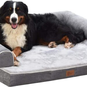 AcornPets® B-1412 Ultimate Extra Large Grey 10CM Solid Memory Foam Orthopaedic Dog Sofa Bed Fleece 110 x 95 CM For Large Dogs with 3 Side Handrails, Detachable and Washable