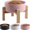 Addggo Pink Elevated/Raised Dog Bowl Ceramic with Wood Stand for Medium Large Breed,Non Slip Heavy Wighted Dog Food Water Dish,Cute Porcelain Big Pet Bowl Extra Large