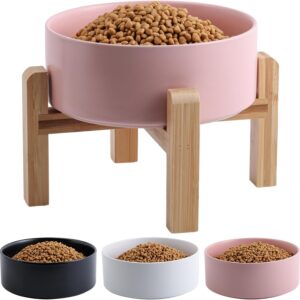 Addggo Pink Elevated/Raised Dog Bowl Ceramic with Wood Stand for Medium Large Breed,Non Slip Heavy Wighted Dog Food Water Dish,Cute Porcelain Big Pet Bowl Extra Large