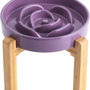 Addogyy Purple Elevated/Raised Dog Bowl Ceramic Slow Feeder with Wood Stand for Small Medium Large Dogs, 8.66 in Dog Dish to Slow Down Eating ,Modern Heavy Slow Puppy Bowl for Fast Eaters