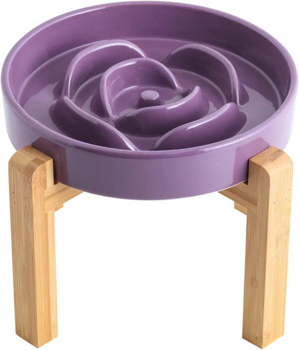 Addogyy Purple Elevated/Raised Dog Bowl Ceramic Slow Feeder with Wood Stand for Small Medium Large Dogs, 8.66 in Dog Dish to Slow Down Eating ,Modern Heavy Slow Puppy Bowl for Fast Eaters