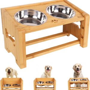 Adjustable Elevated Dog Bowls, Raised Dog Bowls for Dogs,Bamboo Dog Water and Food Bowls with 2 Stainless Steel Bowls by Nothing burger