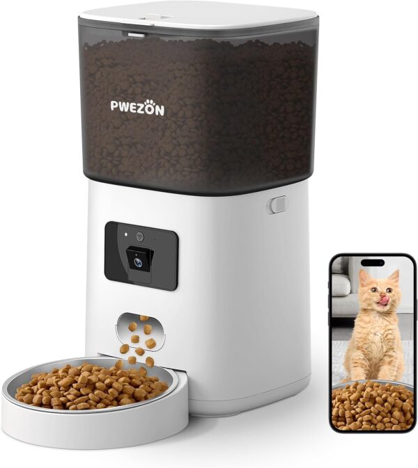 Automatic Cat Feeder, 5G WiFi 6L Cat Food Dispenser, App Control Cat Feeder Automatic with Timer, 1080P HD Video with Night Vision, 10s Voice Recording, Up to 20 Portions 12 Meals Per Day for Cats