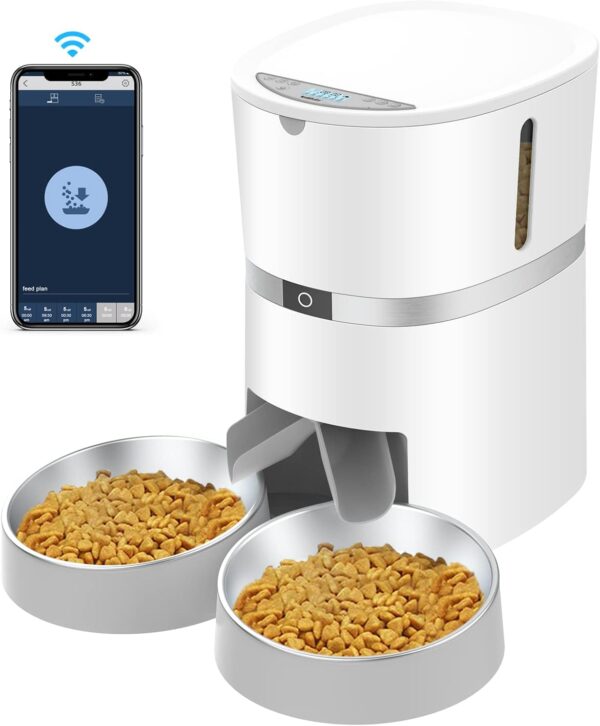 Automatic Cat Feeder, Smart Pet Food Dispenser with APP Control, WiFi Enabled Automatic Feeder for Dogs, Cats & Small Pets, Double Stainless Steel Bowls,6 Meals Portion Control and Voice Recording