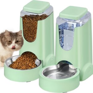 Automatic Cat Feeder and Water Dispenser with Stainless Steel Bowl Dog Gravity Food Feeder and Waterer for Small Medium Pets Puppy Kitten 1 Gallon x 2