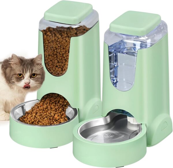 Automatic Cat Feeder and Water Dispenser with Stainless Steel Bowl Dog Gravity Food Feeder and Waterer for Small Medium Pets Puppy Kitten 1 Gallon x 2