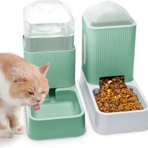 Automatic Cat Feeders Automatic Dog Feeder with Dog Water Bowl Dispenser 2 Pack Cat Feeder and Cat Water Dispenser in Set 1 Gallon for Small Medium Dog Puppy Kitten (green)