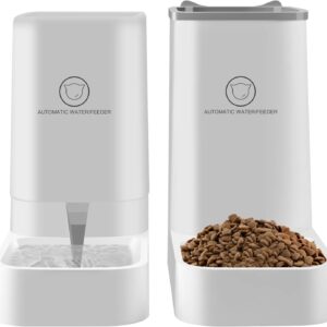 Automatic Pet Feeder, Cat Dog Food Feeder and Water Dispenser Set of 2, 3.8L Automatic Feeder Waterer Food Dispenser for Large & Small Dog Cat Puppy Kitten Gravity Feeder (White, Set of 2)