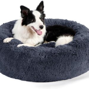 Bedsure Donut Dog Bed Large - Calming Dog Bed for Anti-Anxiety, Grey Dog Bed Washable, Fluffy Pet Beds for Large Dogs, Grey, 91x91x25cm