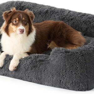 Bedsure Fluffy Dog Bed Large - 91x68x18cm Washable Dog Bed for Large Dogs, Rectangle Cuddly Bed with Soft Edge and Non-Slip Bottom, Grey