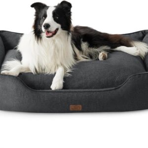 Bedsure Large Dog Bed Washable - Waterproof Dog Beds and Couch with Removable Flannel Cover, Dog Pillow with U-Shape Bolster, Grey, 90x69x25cm