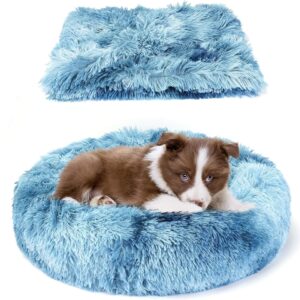 Belababy Dog Cat Donut Bed with Soft Blanket, Calming Dog Cat Bed Small with Soft Plush, Puppy Bed Dog Beds with Fluffy Cuddler, Anti Anxiety Dog Bed with Anti-Slip Bottom (XS, Gradient Blue)