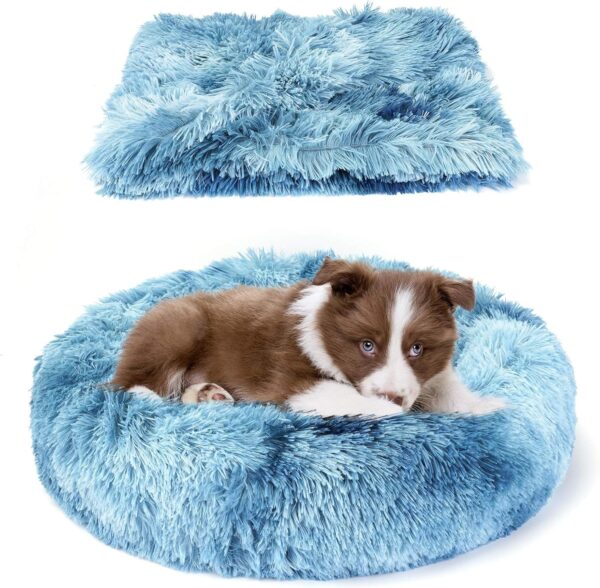 Belababy Dog Cat Donut Bed with Soft Blanket, Calming Dog Cat Bed Small with Soft Plush, Puppy Bed Dog Beds with Fluffy Cuddler, Anti Anxiety Dog Bed with Anti-Slip Bottom (XS, Gradient Blue)