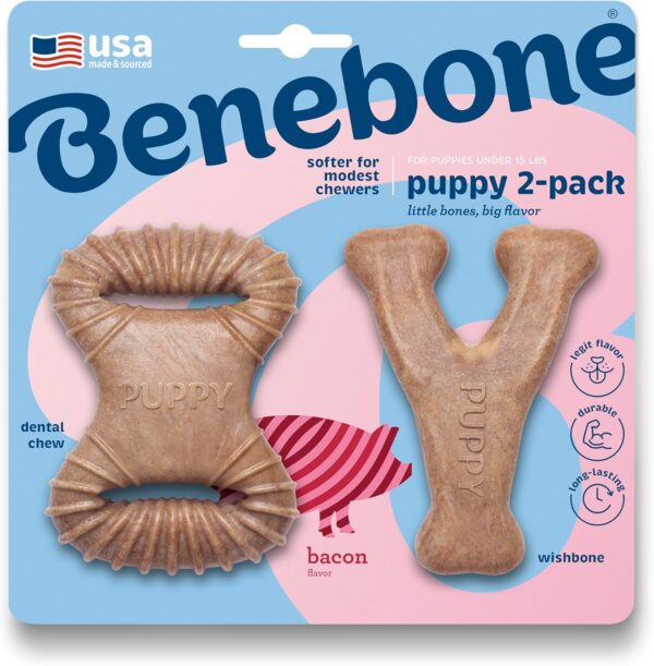 Benebone Puppy Tiny 2-Pack Indestructible Dental Chew/Wishbone for Aggressive Chewers, Long Lasting Teething Boredom Breaker for Puppies, Real Bacon Flavour, For XS Dogs, Made in the USA.