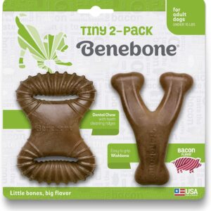 Benebone Tiny 2-Pack Indestructible Dental Chew/Wishbone for Aggressive Chewers, Long Lasting Tough Boredom Breaker for Dogs, Real Bacon Flavour, For Extra Small Dogs, Made in the USA.