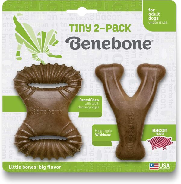 Benebone Tiny 2-Pack Indestructible Dental Chew/Wishbone for Aggressive Chewers, Long Lasting Tough Boredom Breaker for Dogs, Real Bacon Flavour, For Extra Small Dogs, Made in the USA.