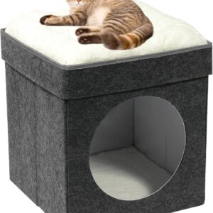 Bonlife Dark Grey Cat Beds for Indoor Cats,Foldable Large Felt Cat House for Winter with Two Move Cushion,Warm Comfortable Dog Bed 45X45X50CM