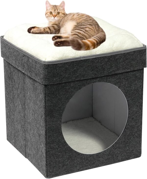 Bonlife Dark Grey Cat Beds for Indoor Cats,Foldable Large Felt Cat House for Winter with Two Move Cushion,Warm Comfortable Dog Bed 45X45X50CM