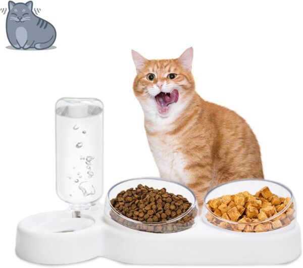 Cat Bowls Gravity Water and Double Food Bowls, 15°Tilt and 360°Rotatable Double Pet Feeders 3 in 1 Cat Bowls with Automatic Water Bottle Detachable, Cat Wet and Dry Food Feeding Bowl Set