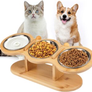 Cat Feeding Station, Stainless Steel Elevated Cat Bowls With 15° Tilted Wood Stand, Adjustable Raised Cat Bowls for Food and Water, Raised Cat Food Bowls for Cats and Puppy