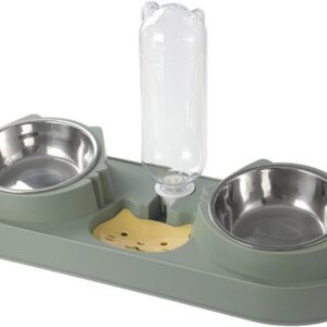 Cat Food Bowl, Triple Cat Bowl, 15°Tilted Raised Cat Bowl, Pets Water and Food Bowl Set with Automatic Water Bottle, Wet and Dry Food Bowl for Cat (green)